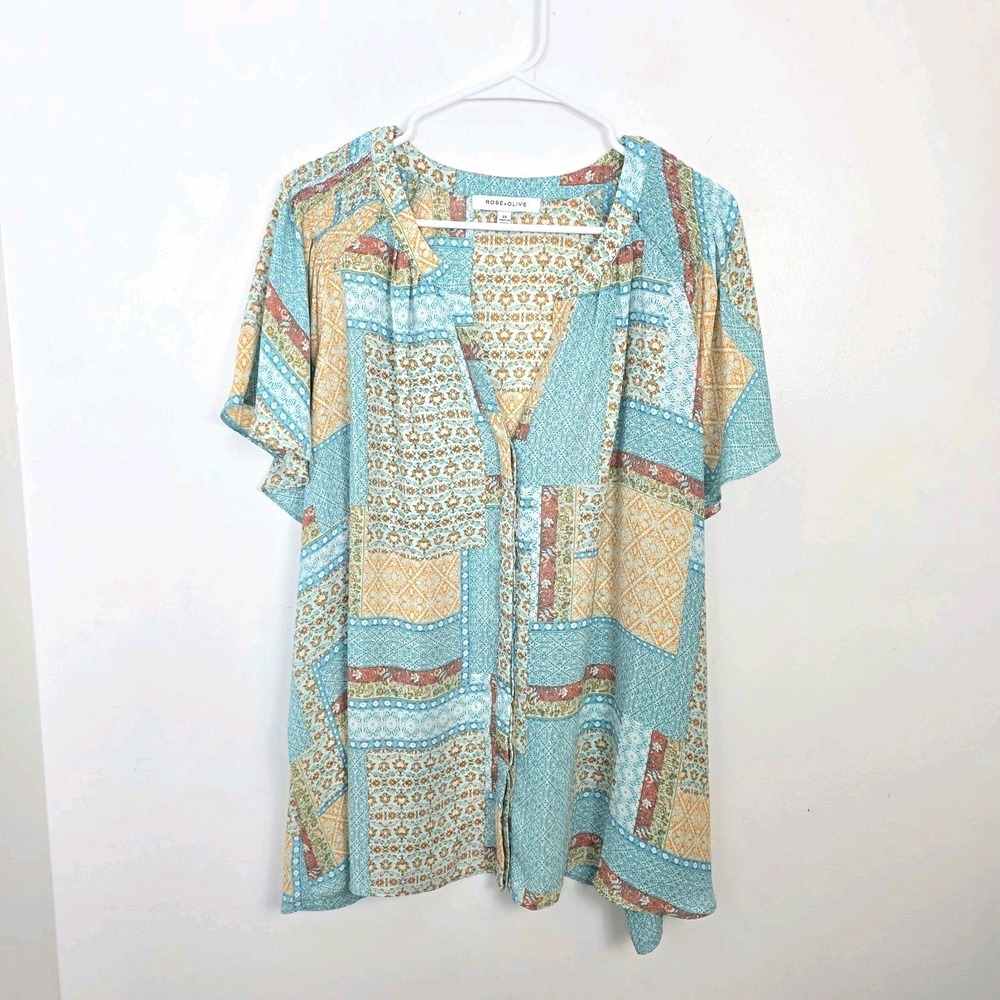 Rose + Olive Blue‎ Orange Multicolor Pattern Flowy Boho Plus Size Blouse Size 2X